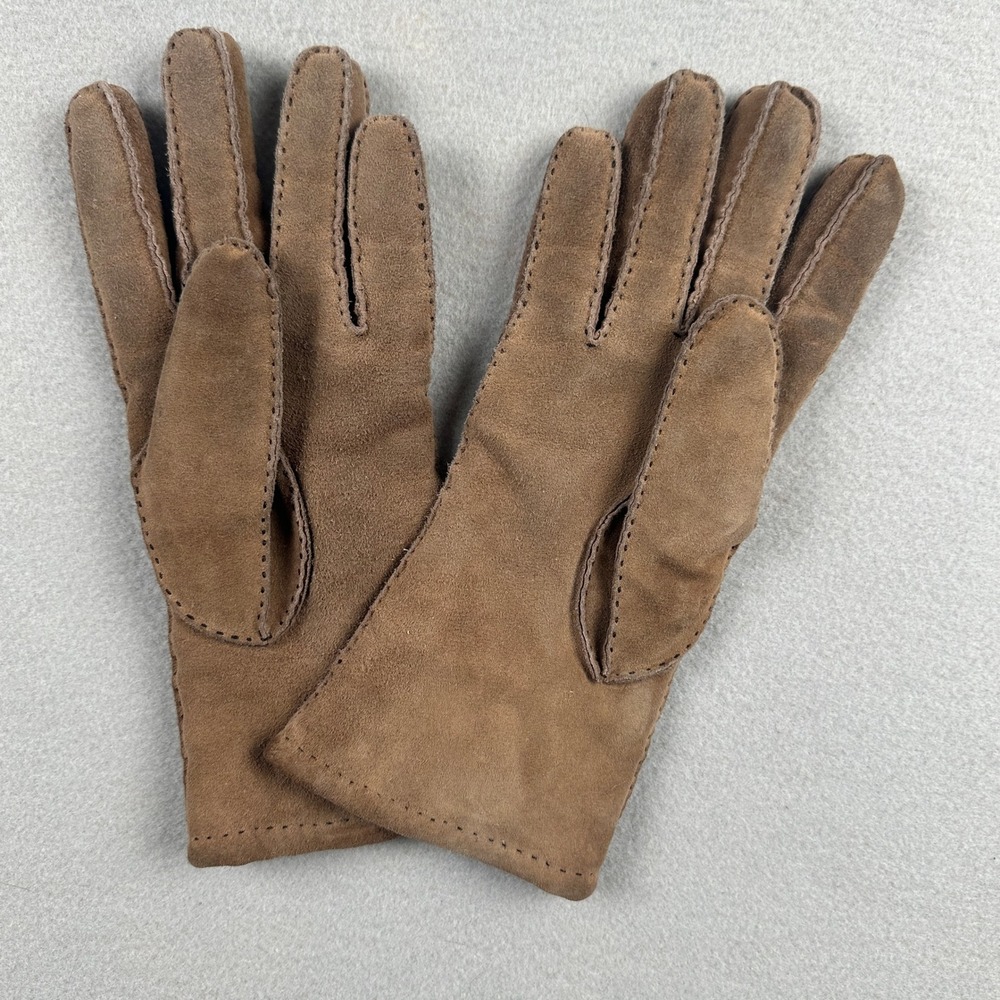 Vintage 90s Lauer Womens Brown Suede Leather Gloves Wool Cotton Knit Lined  M